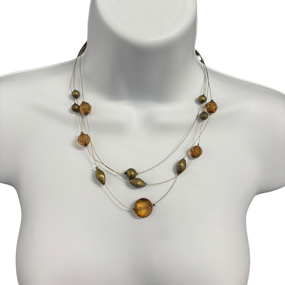 Amber Brown Beaded Necklace Gold Tone Wire Statement Costume Jewelry Women Y2K